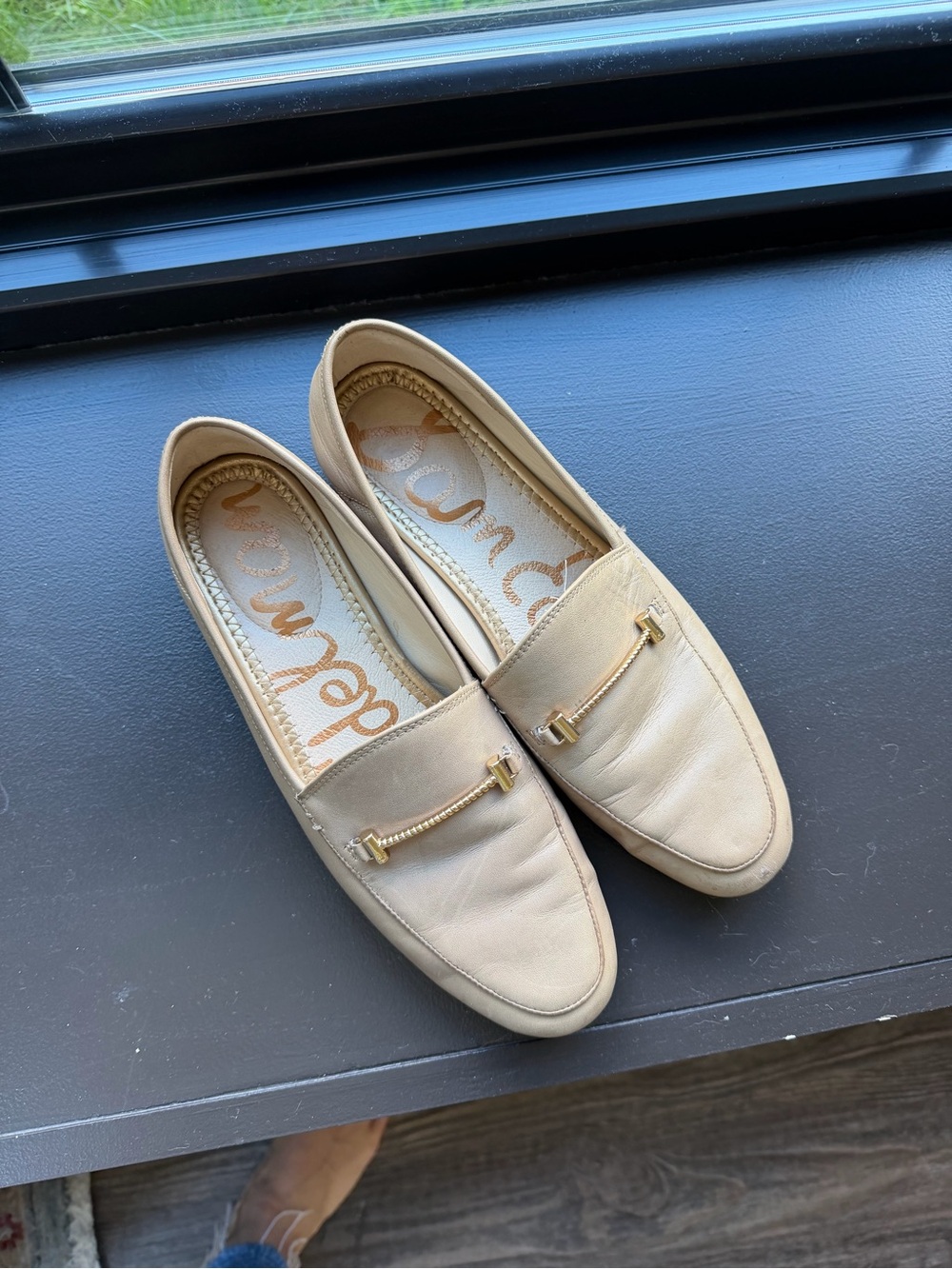 Sam Edelman Tan Leather Slip-On Loafers with Gold Accent